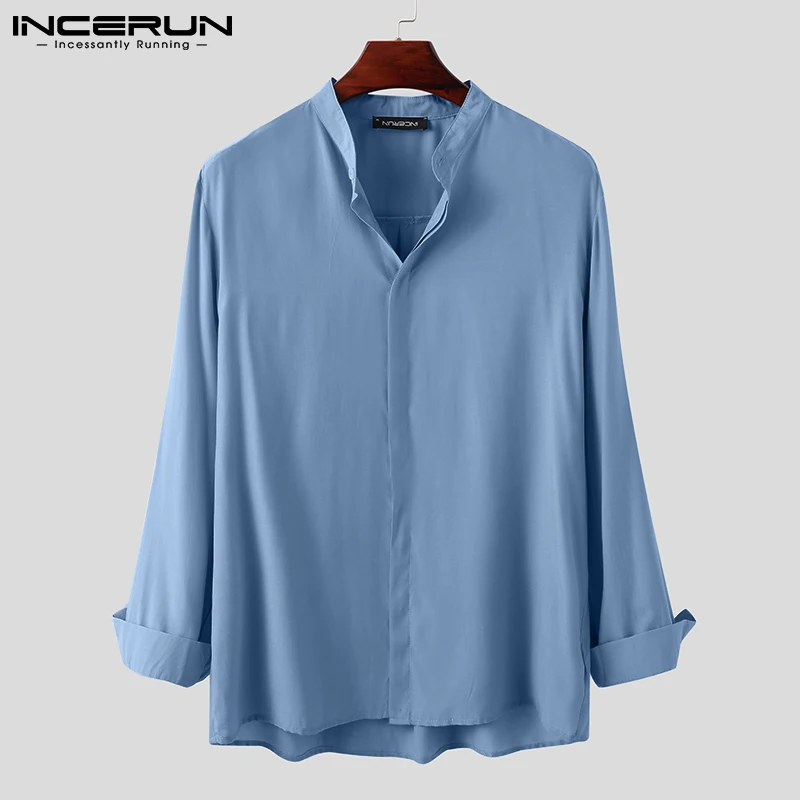 INCERUN 2023 Fashion Men Casual Shirt Streetwear Long Sleeve Stand Collar Button Blouse Korean Solid Color Mens Brand Shirts 5XL