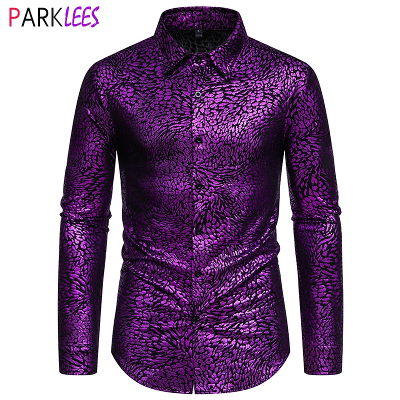 Luxury Purple Leopard Metallic Nightclub Mens Dress Shirts Long Sleeve 70s Disco Dance Shirt Men Party Stage Prom Chemise Homme