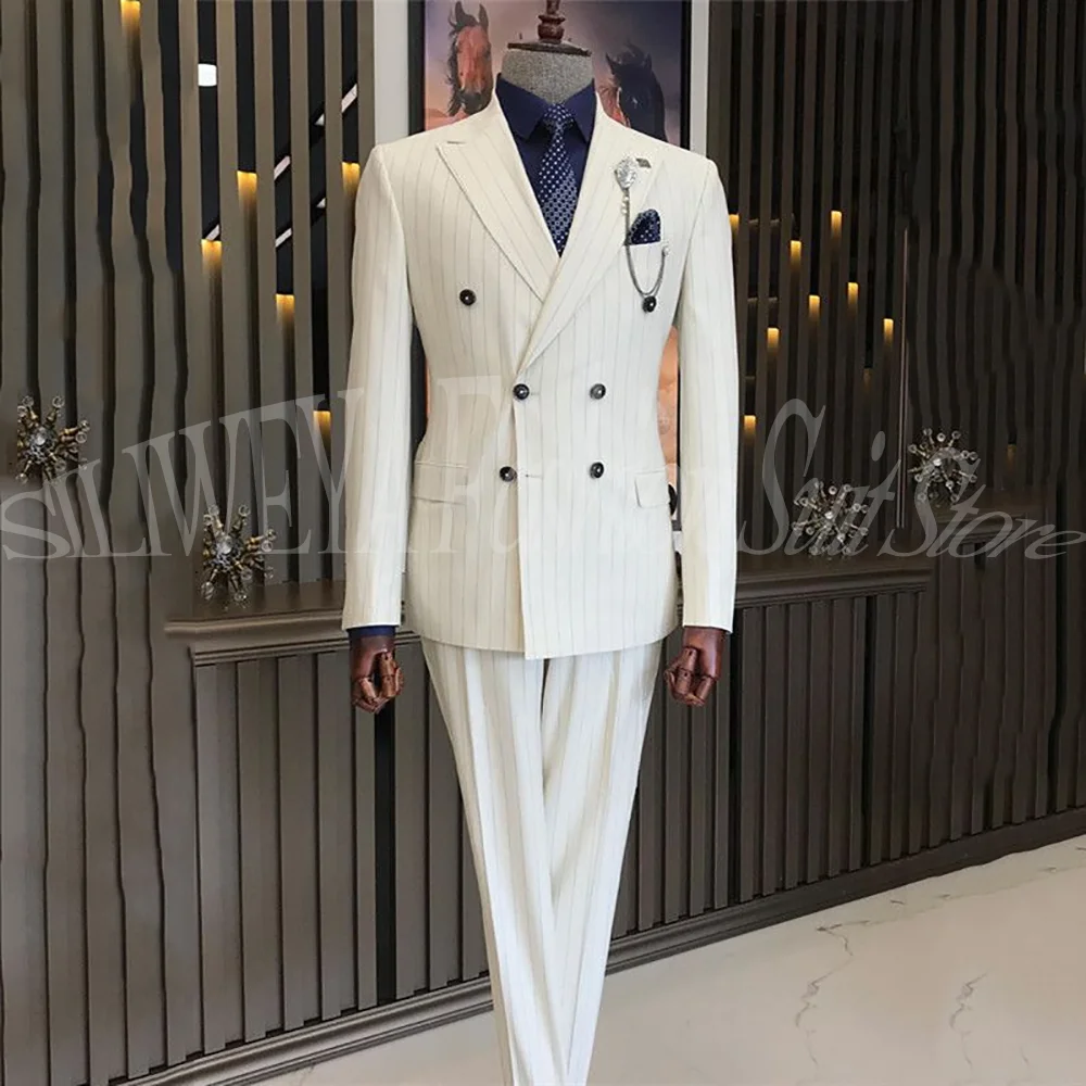 

Custom Tailored Men's White Stripe Suit Formal Wedding Groom Tuxedo 2 Pieces Jacket Pants Double Breasted Slim Blazer Set