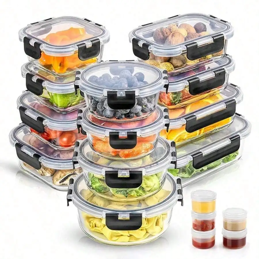 TAIMASI 34 Pcs Borosilicate Glass Storage Containers With Lids | 12 Airtight/Freezer Safely Food Storage Containers For Pantry A