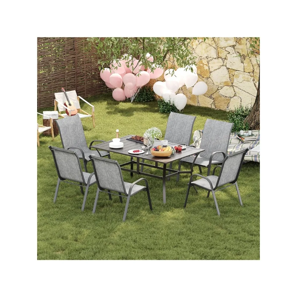 7-Piece Patio Dining Set with 6 Stackable Chairs for Deck, Backyard, Garden, and Poolside, Light Gray