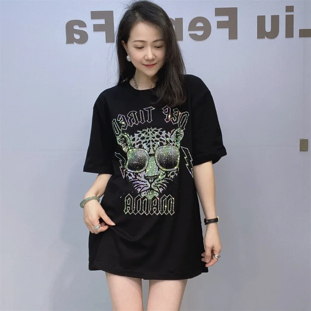 

Горячий вязаный свободный топ с короткими рукавами, женская летняя одежда, повседневные футболки с круглым вырезом и бриллиантами с мультяшным узором, женские футболки