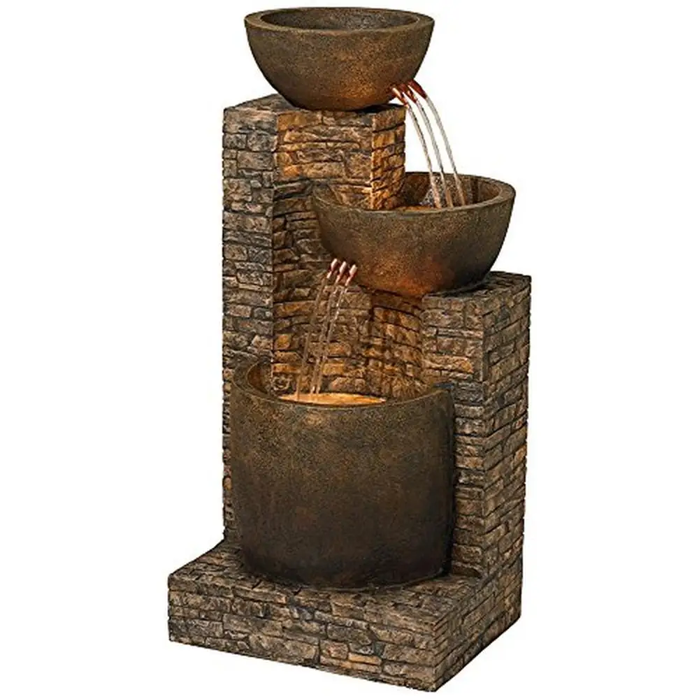 

Tiered Stone Outdoor Water Fountain LED Light Rustic Garden Patio 35" High with Pump