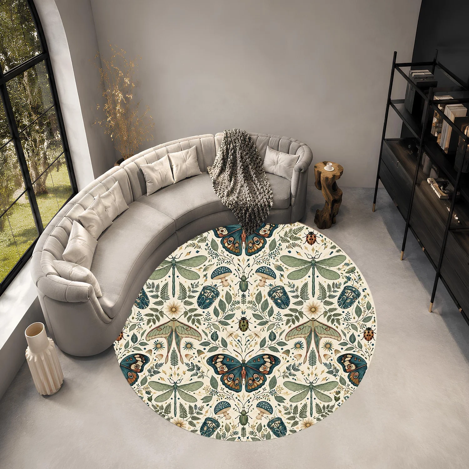 Gothic-Style Round Carpet Featuring Moths, Dragonflies, Mushrooms, Pumpkins, and Celestial Plant and Insect Patterns