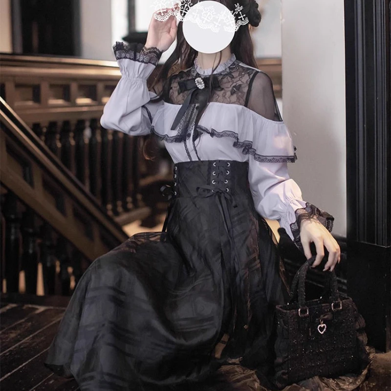 اليابانية القوطية Y2k لوليتا نمط تنورة مجموعة النساء الدانتيل المرقعة القوس كم طويل بلوزة سوداء حفلة ميدي تنورة دعوى ملابس حلوة #2