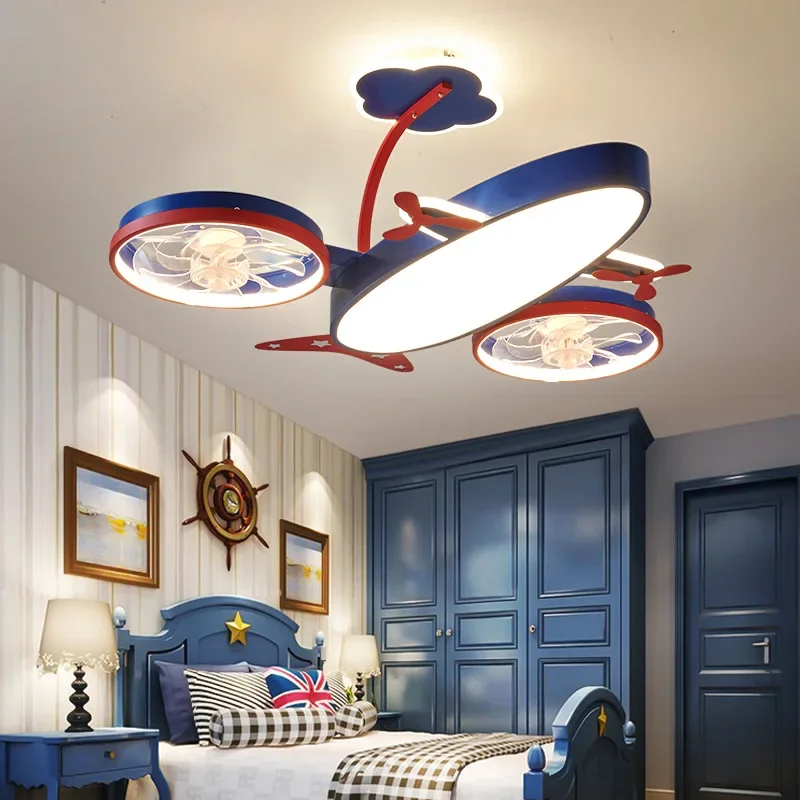 Creative Cartoon Airplane Ceiling Fan Lamp Boy Girl Bedroom Children Room Lamp Personality Living Room Study LED Pendant Light