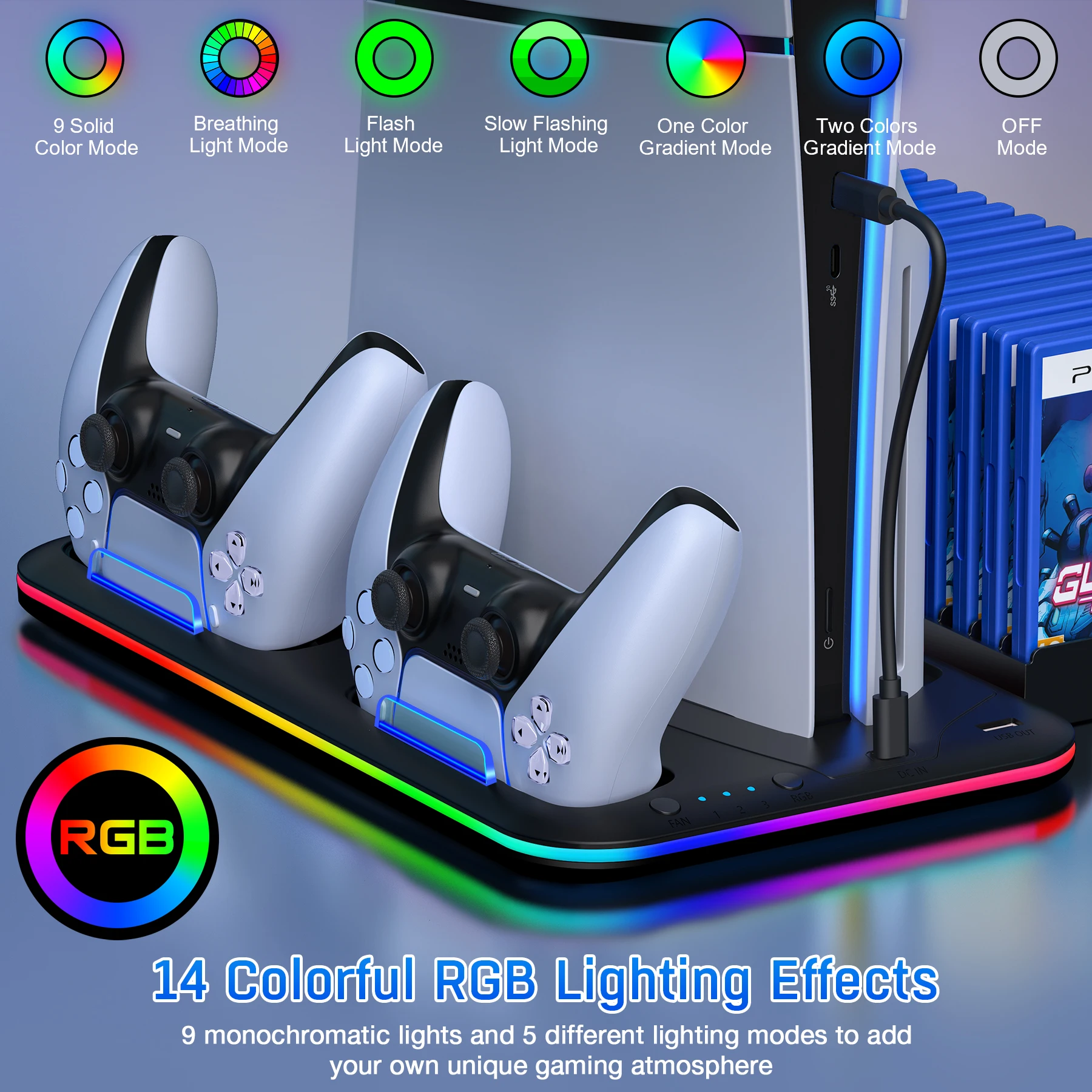 

DinoFire S2000 RGB Cooling Stand Vertical Cooling Station Cooler PS5 DualSence Gamepad Charger For PS5 Slim/PS5 Digital/Disc