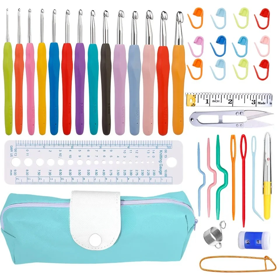 

Rubber Handle Knitting Needles Kit With Sewing Clips Plastic Needles Staniless Steel Scissors Crochet Hooks Set