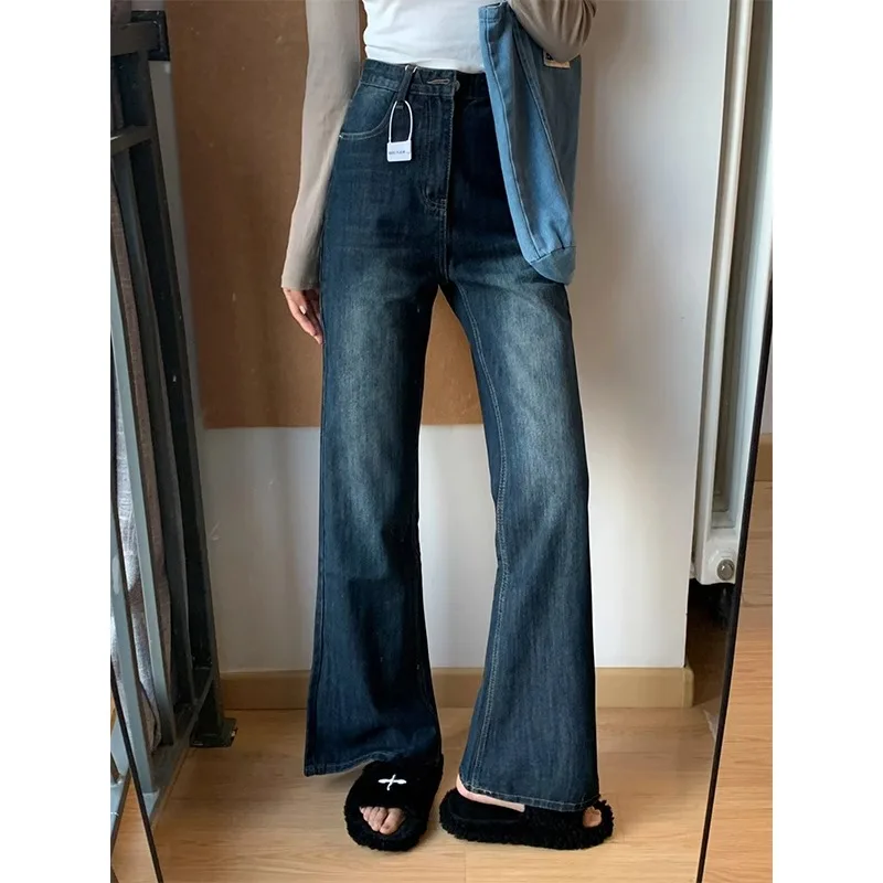 ハイウエストノンレギンス裏地付きデニムジーンズレディースプラスサイズストレートレッグマイクロフレアパンツ秋スリルーズワイドレッグ...