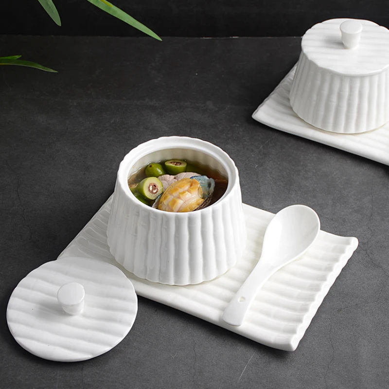 Pure White Chinese Water-proof Stew Restaurant Dessert Bird's Nest Bowl with Dish Cover Wei Shang Xiao Wan Soup Cup