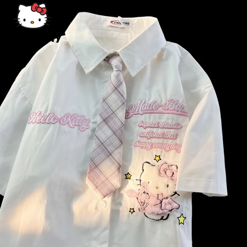 Sanrio Hello Kitty Cute Short Sleeve Polo Shirts Women Designer College Style Summer Blouse Korean Clothes Y2k New Fashion Tops