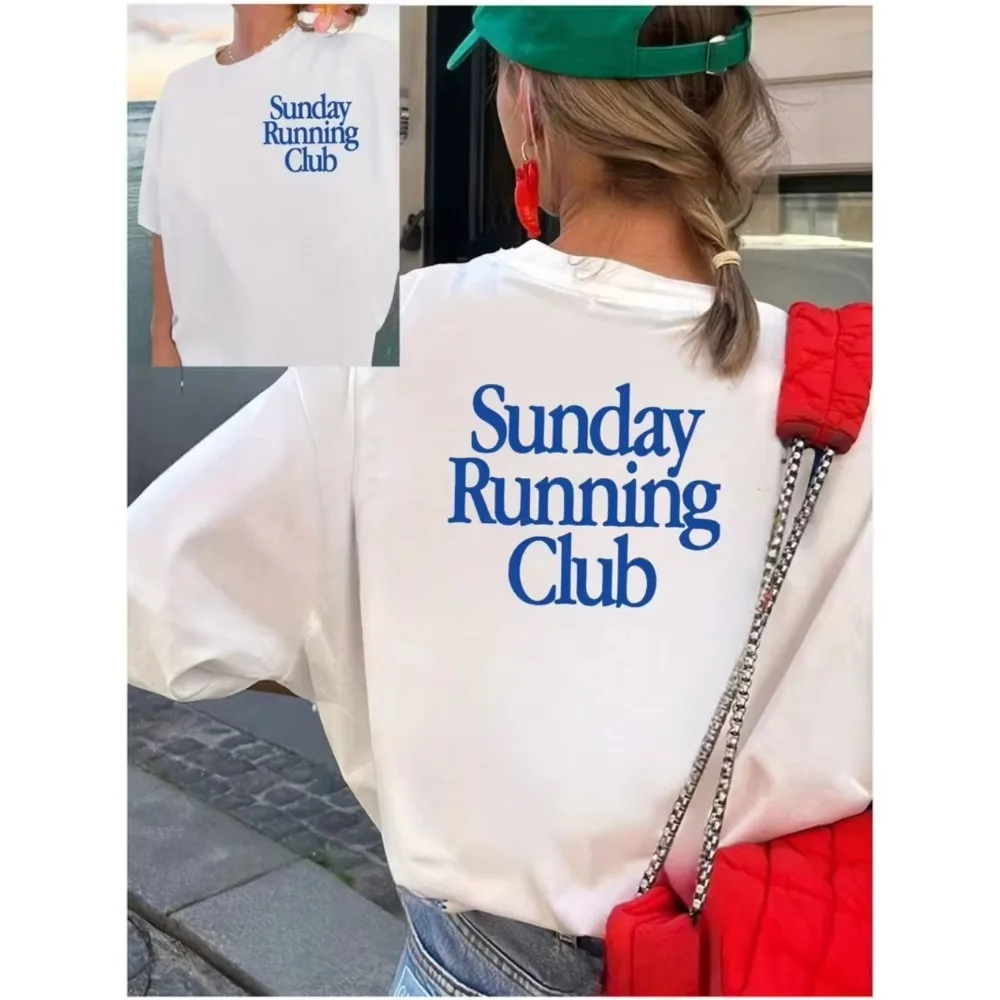 Women's Men T-shirt with Sunday Running Club Graphic Double Sided Short Sleeve Outdoor Sports Top Women's Casual Loose T Shirt