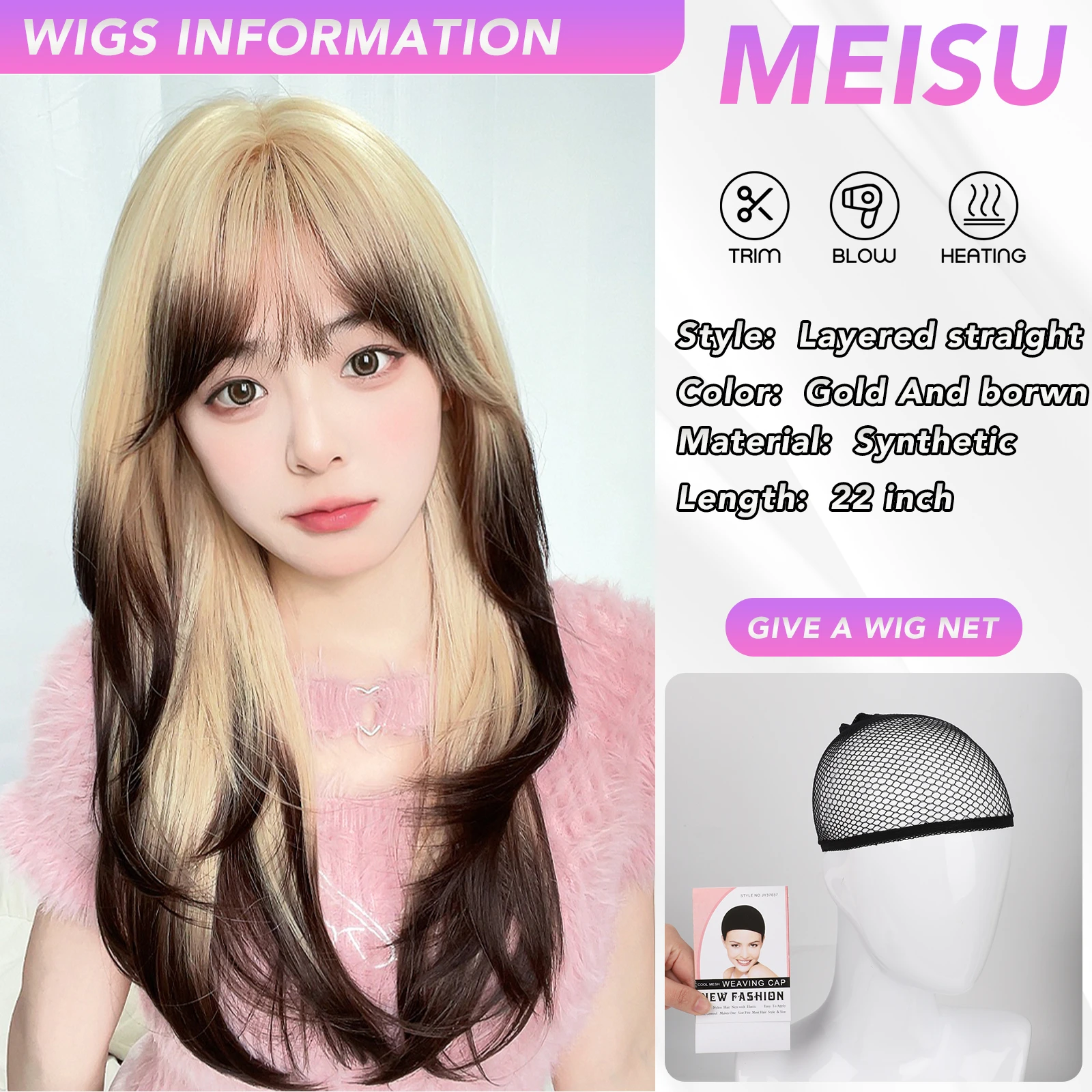 MEISU 22 Inch Blonde Straight Bangs Wig Fiber Synthetic Wig Heat-resistant Non-Glare Natural Cosplay Hairpiece For Women Daily