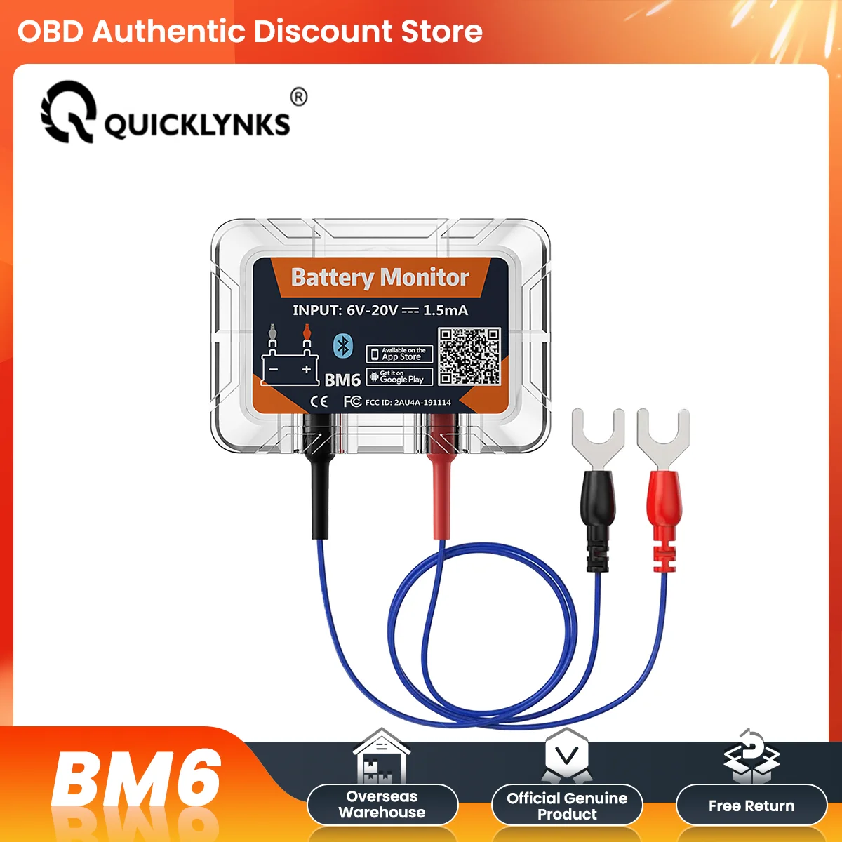 QUICKLYNKS BM6 Wireless Bluetooth 4.0 12V Battery Monitory With Car Battery Health Check APP Monitoring Battery For Android IOS