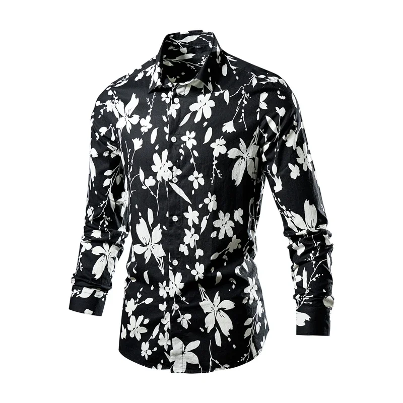 Camisa blanca de manga larga para hombre, Camisa de algodón con estampado negro, 22 colores a elegir, blusa de cuello cuadrado de un solo pecho, M-5XL 6XL