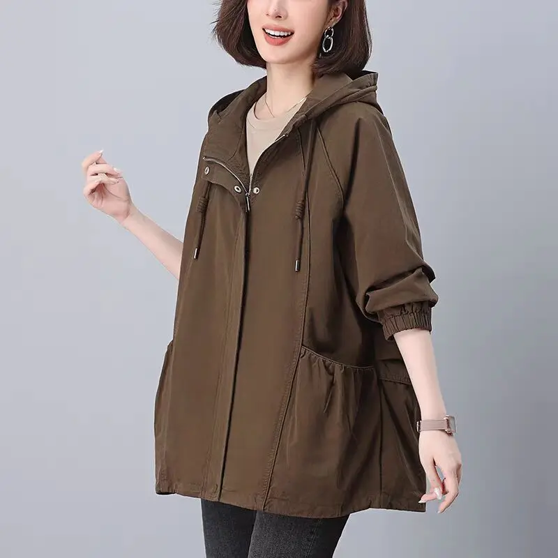 

Spring Autumn Double Layer Lining Coat Women Windbreakers Korean Windproof Loose Hooded Mid Long Female Jacket Clothes Outerwear