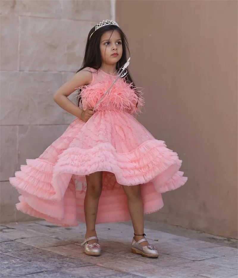 Handmade Kids Birthday Dress 1-14 Yrs Pink Tulle Sequins Wedding Party Girl Dresses Christmas Gift First Communion Gown