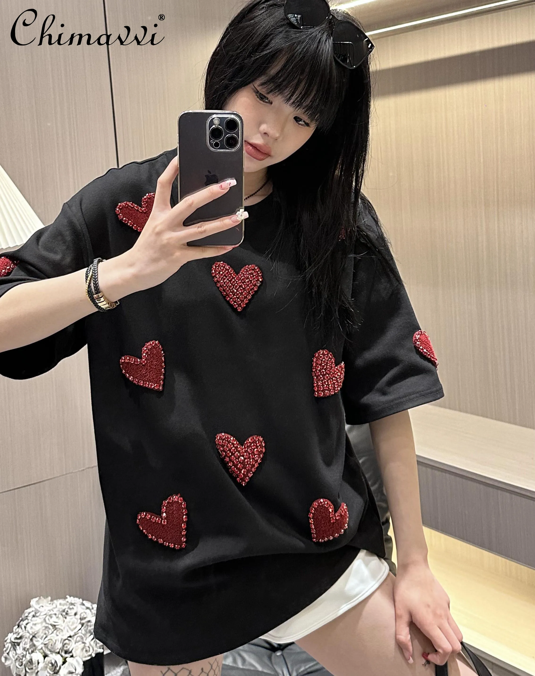 Spring New Fashion Thickened Polished Flocking Diamond Love Short-sleeved T-shirt Women's Loose Sweet Cool Bottoming Shirt Top