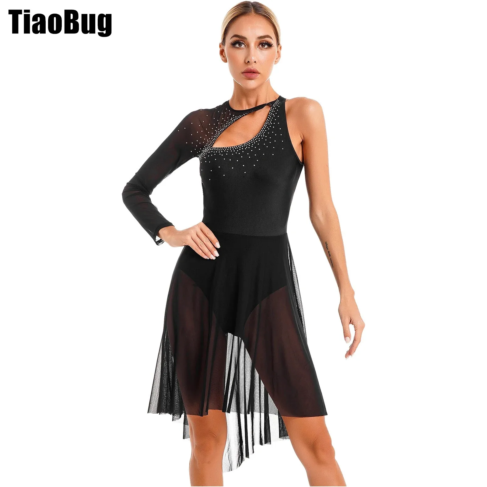 

Womens Figure Skating Dance Dress Glitter Rhinestone Cutout Leotard One Shoulder Sheer Mesh Long Sleeve Lyrical Dance Costume