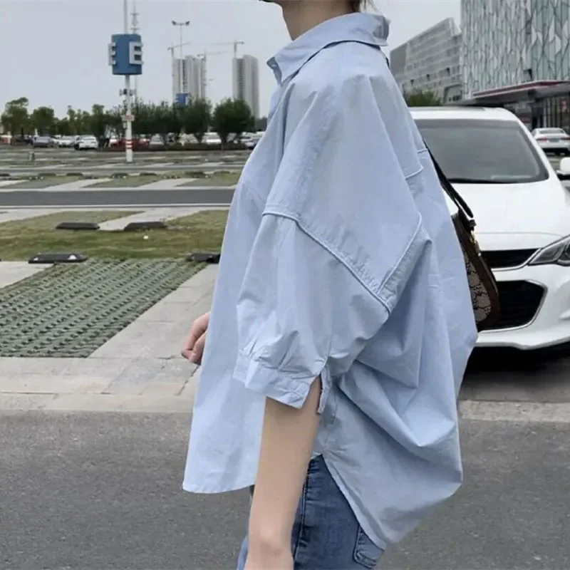 Xpqbb-女性用半袖ボタンアップブラウス,ルーズフィットの不規則なシャツ,カジュアルなトップス,すべてにマッチするターンダウンカラー,新しいファッション,2024