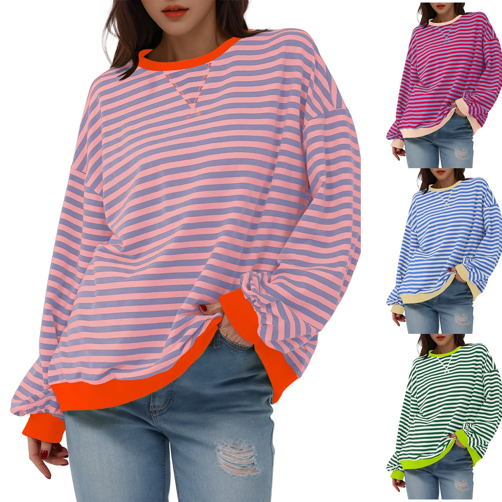 Women\'s Oversized Striped Color Blocking Long Sleeved Round Neck Sports Shirt Casual Loose Fitting Pullover Shirt Top