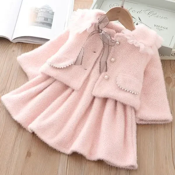 

Girls' Dress Plush Jacket Two-Piece Autumn Winter Baby Mink Velvet Candy Colors Coat Princess Skirts Suits Sweet Children's Set