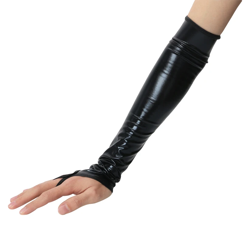 Guantes largos negros sexis metalizados de cuero sintético, Mangas de brazo, disfraz