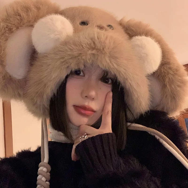 

Cute Bunny Ear Plush Warm Hood Hat Sweet And Versatile Big Head Circumference Cold Proof Ear Protection Hat