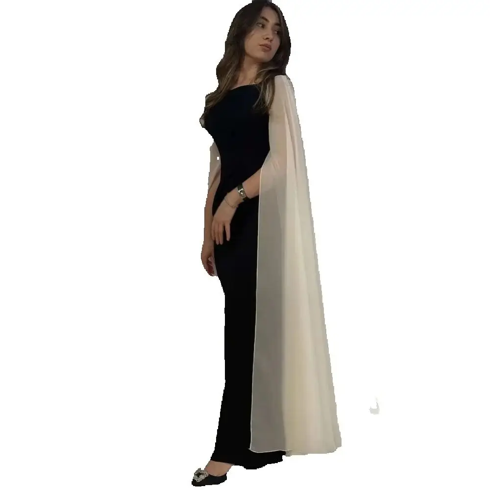 

Customized Black Straight Prom Dresses Ankle-Length Square Collar White Full Sleeve Evening Dresses Simple Draped Party Dresses