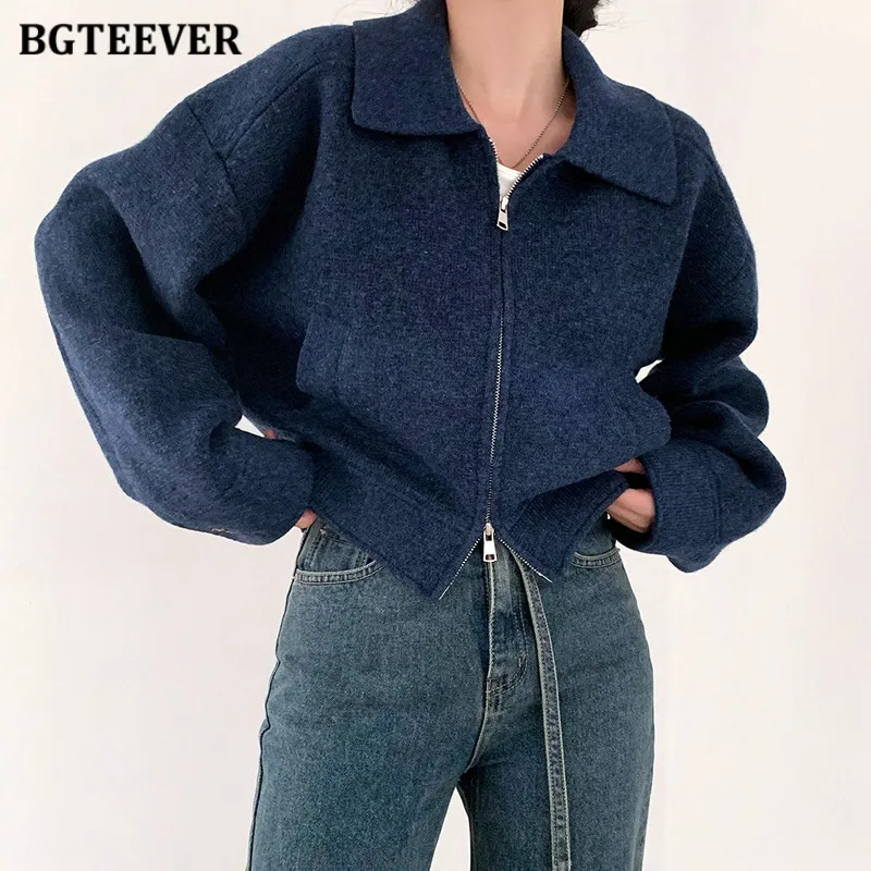 BGTEEVER Vintage Long Sleeve Zipper Up Female Woolen Jackets Autumn Winter Elegant Loose Pockets Women Blend Coats