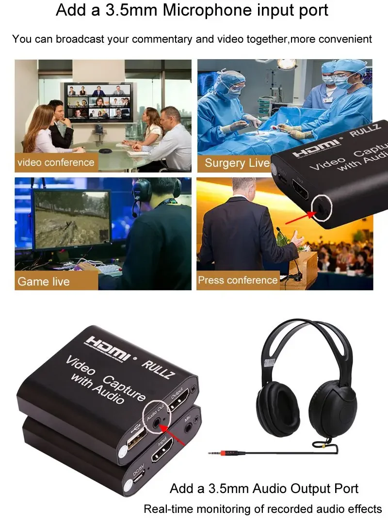 4K HDMI Capture Card 1080p Game Recording Device USB 2.0 Video Recorder Box HD Loop Mic Audio for PS3 PS4 Xbox PC Live Streaming