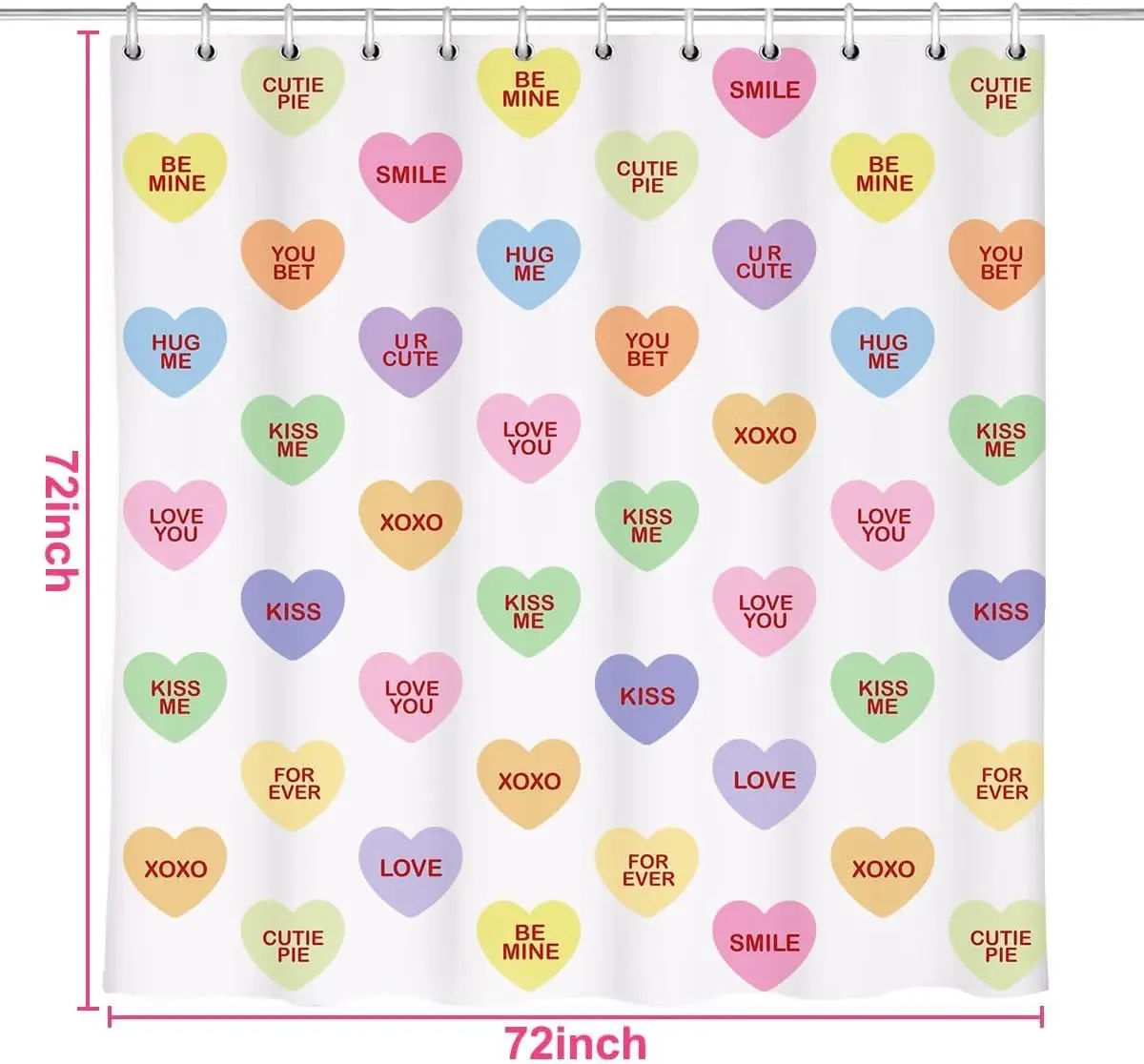 Candy Heart Love Words Shower Curtain Sweet Message Print for Romantic Bathroom Decor