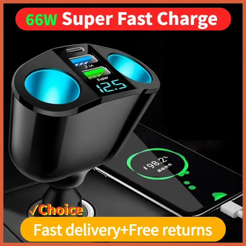 

Car Cigarette Lighter 12V-24V Socket Splitter Blue Atmosphere Light PD QC3.0 2 USB Charger C Ports For Mobile Phone DVR Chargers