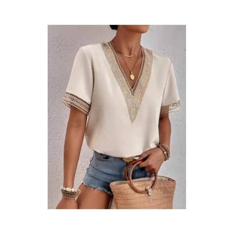 Camiseta holgada de encaje con escote en V para mujer, camiseta de Color puro ort Sve, cómoda, transpirable, informal, ropa de oficina