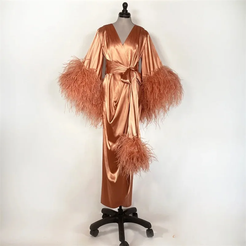 Feather Wedding Shawls Sleepwear Photo Robe With Belt Soft Silk Satin Night Gown For Women Long Sleeve Custom Made Woman Pajamas