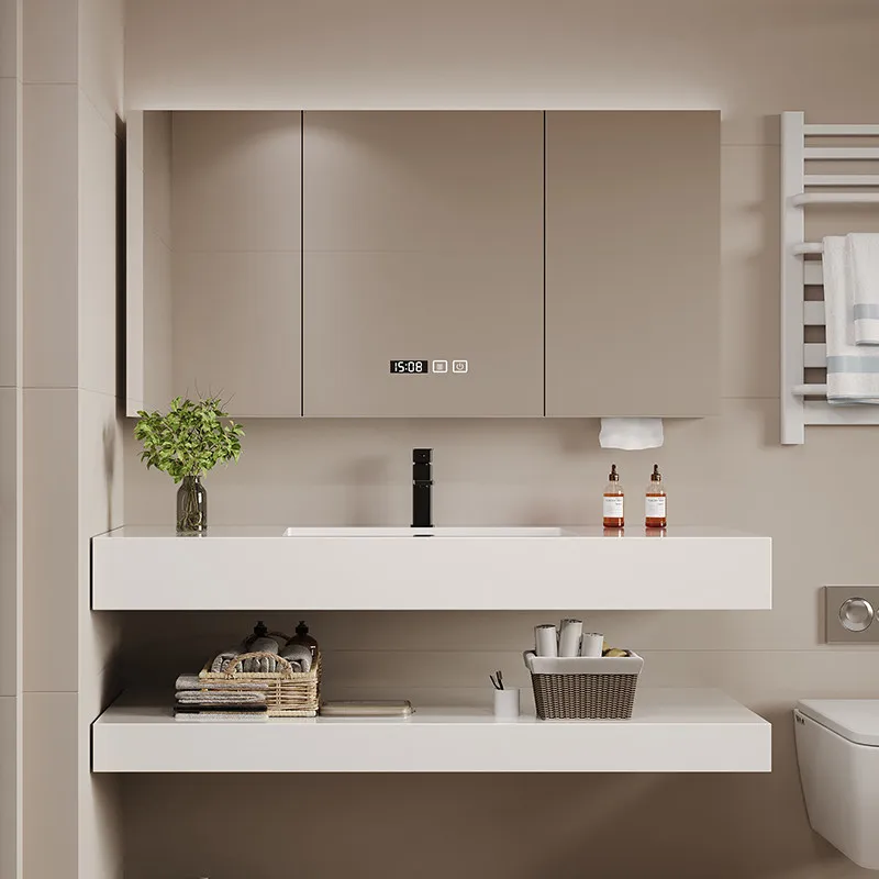 

Rock slab ceramic seamless basin integrated basin double-layer bathroom cabinet combined wash basin cabinet
