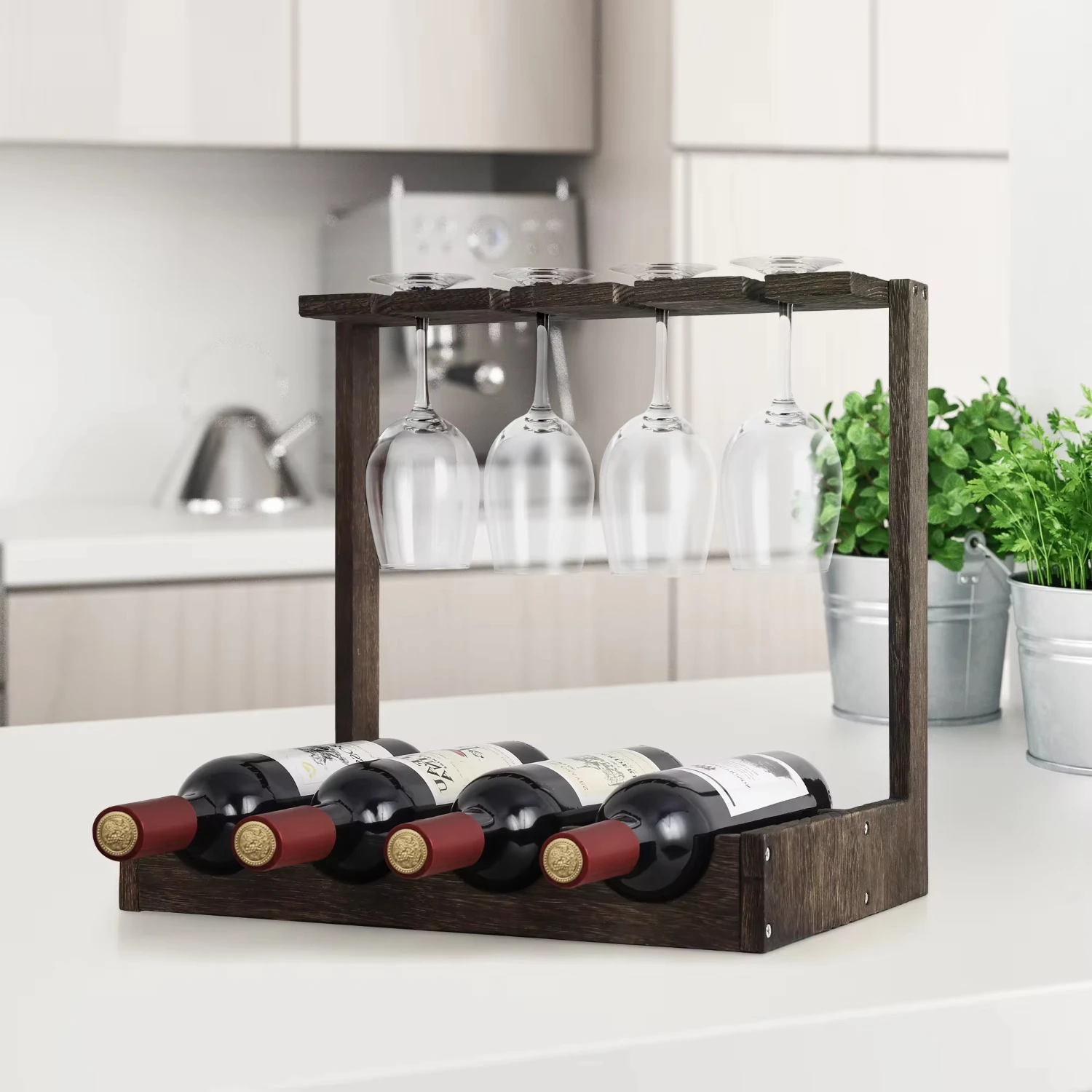 Wine Holder Display Shelf Wood Wine Rack Stand with Glass Holder   Brown