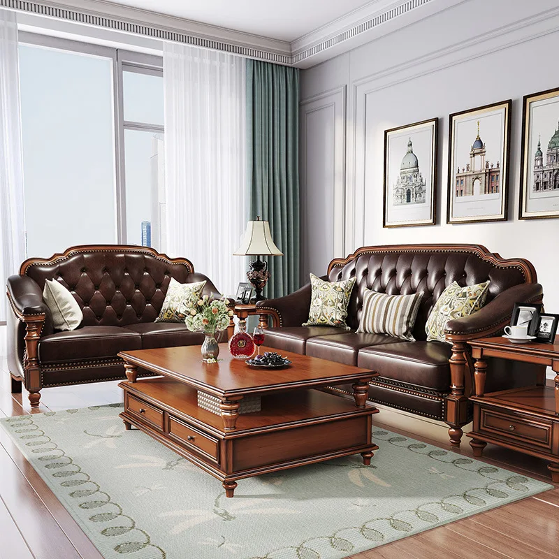 

Customizable American retro solid wood leather sofa
