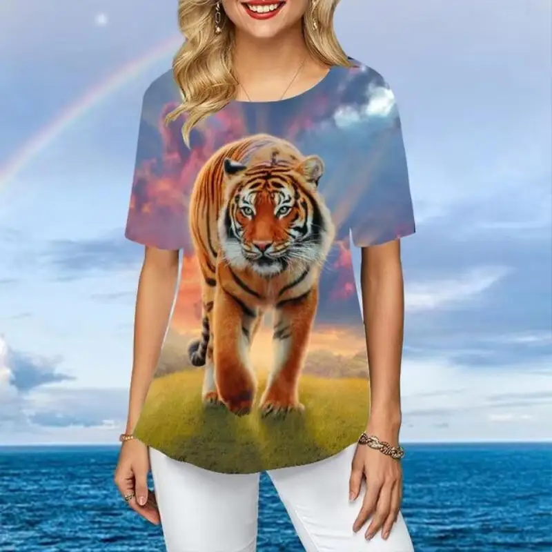 Summer Colorful Tiger 3D Print T-Shirts Fashion Women's Round Neck Short Sleeve T Shirt Tees Harajuku Y2K Tops Female Clothing