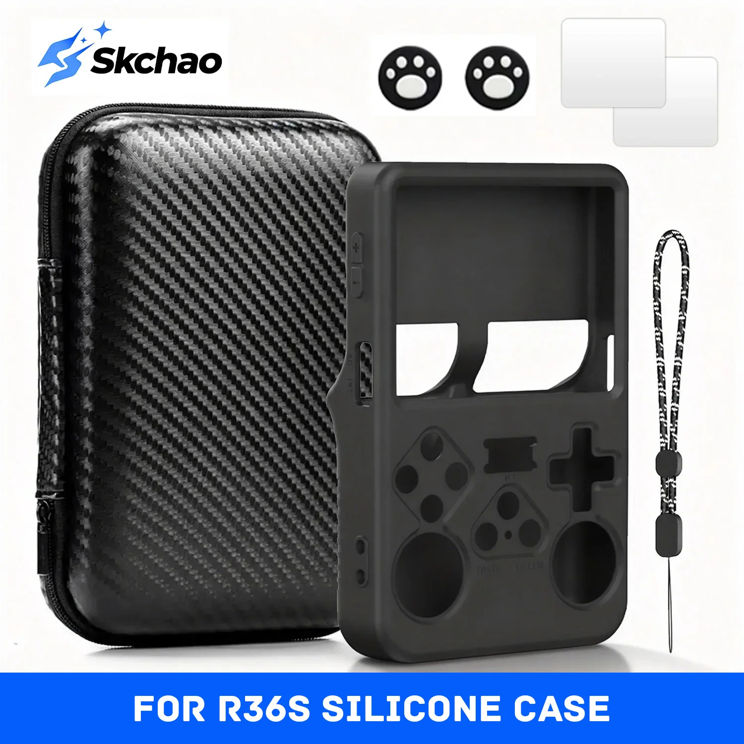 

Портативная сумка для хранения, силиконовый чехол с защитными пленками для игровой консоли R36S, комплект защитных пленок из закаленного стекла, аксессуары для R36S