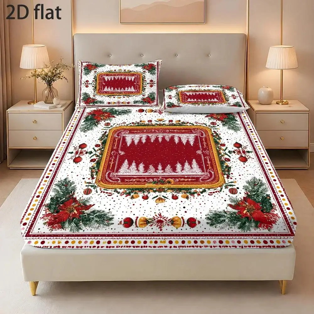 Christmas 2D Digital Print Three-Piece Bedding Set (Includes 1 Fitted Sheet + 2 Pillowcases) Mattress Protector Fitted Sheet Style Elastic Cover Protector 2D Flat Priting, Mattress Protector, Christmas Pine Branches and Red Flowers Pattern, Vintage Oil Painting Style, Christmas Holiday Decoration, Various Sizes, Breathable Protector with Pillowcase
