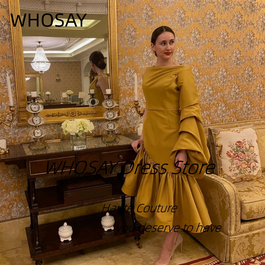 WHOSAY Saudi Arabia Prom Party Dresses Long Sleeve Ruched Robes De Soirée Zipper Back Evening Banquet Formal Gowns