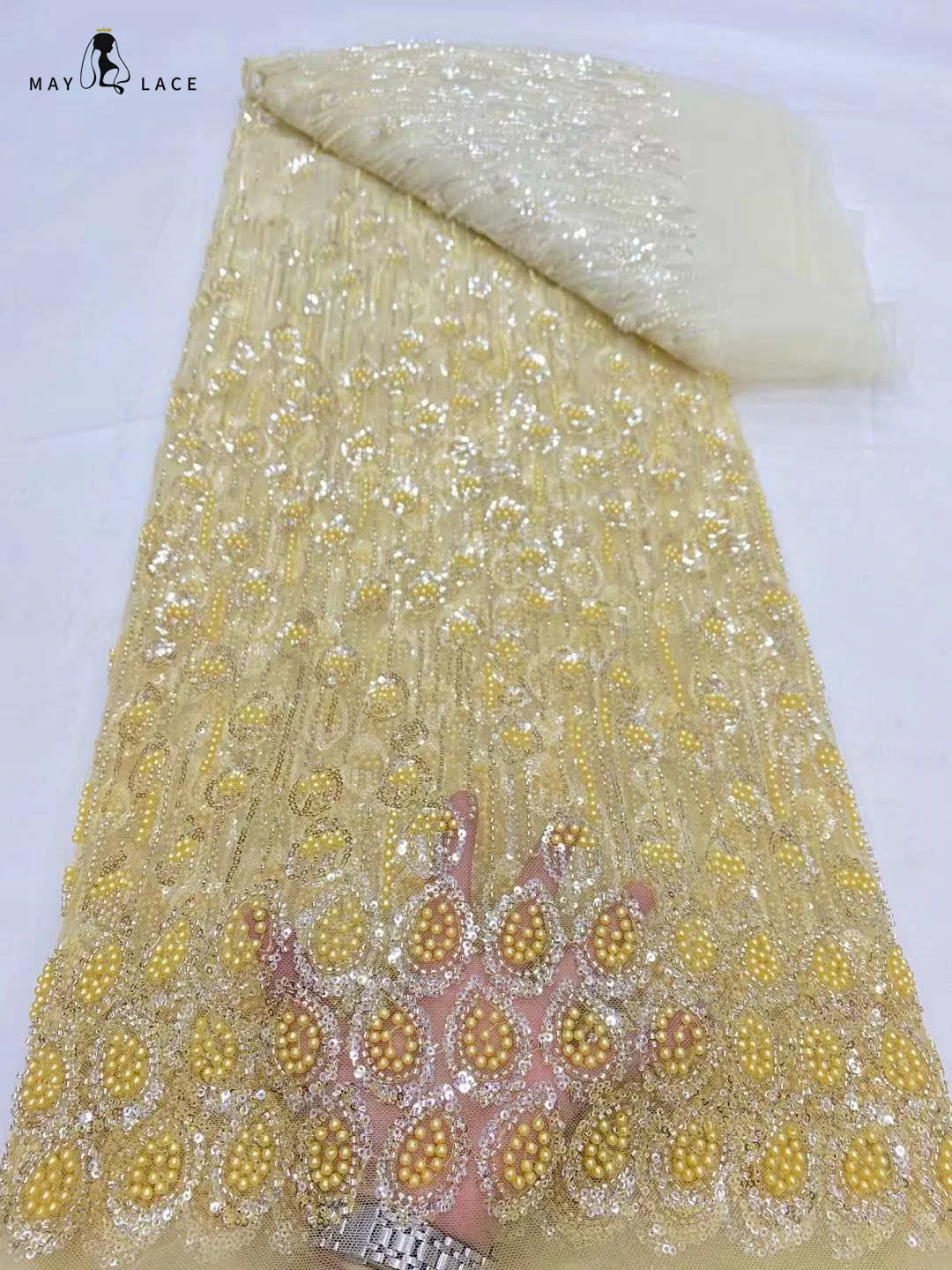 African Beaded Tulle Lace Fabric, Sequins, French Luxury Fabric for Bridal Wedding Party Dresses, Yellow, High Quality, 2024