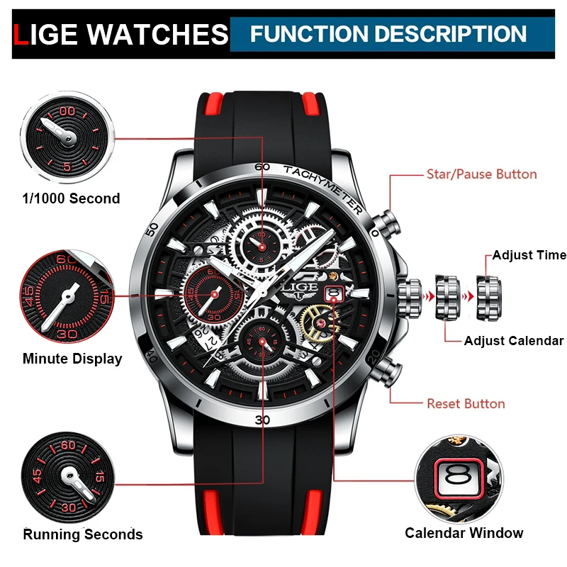 LIGE Mens Watches Brand Luxury Silicone Strap Waterproof Sport Quartz Chronograph Military Watch Men Clock Relogio Masculino+BOX