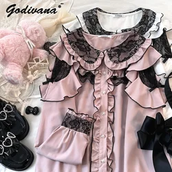 Japanse Stijl Lotusblad Kant Contrast Kleur Kant Chiffon Lange Mouw Shirt Meisje Dames Lolita Sweet Blouse Tops