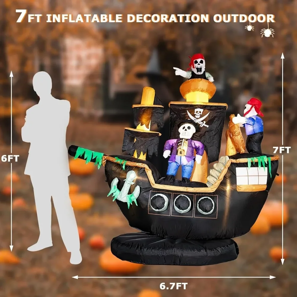 7FT Halloween Inflatable Pirate Ship with Ghost Lighted Halloween Blow Up Yard Decoration for Outdoor Party Garden Lawn