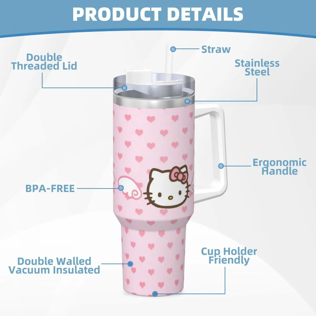 Sanrio Hello Kitty 40 Oz Ultimate Tumbler with Handle and Straw Vacuum Insulated Tumbler