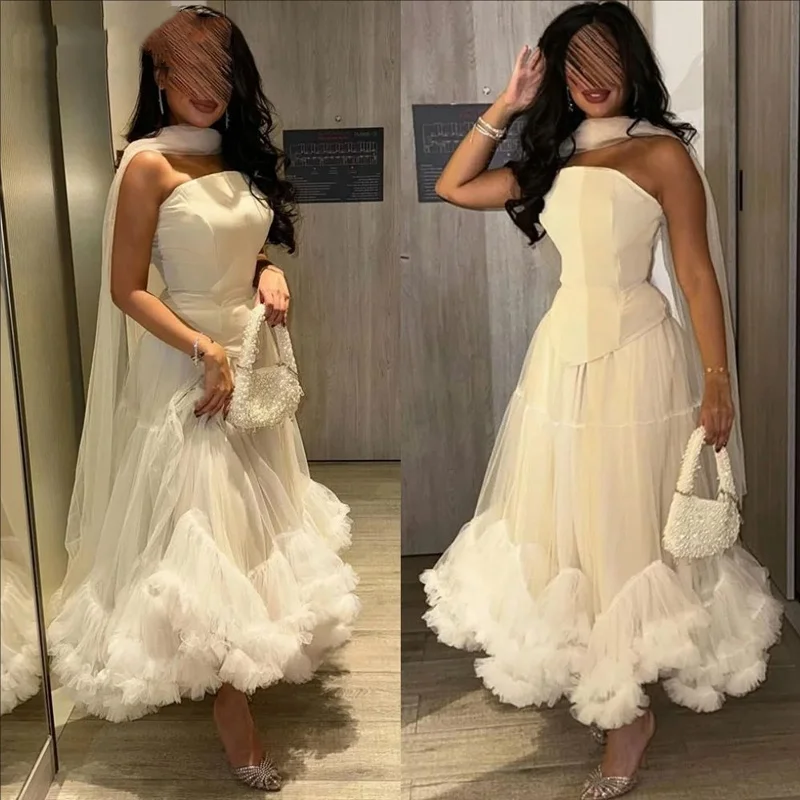 

Dreamy Ivory Prom Dress Chic Strapless Midi Prom Gown with Corset Bodice and Voluminous Tulle Formal Dresses Customized