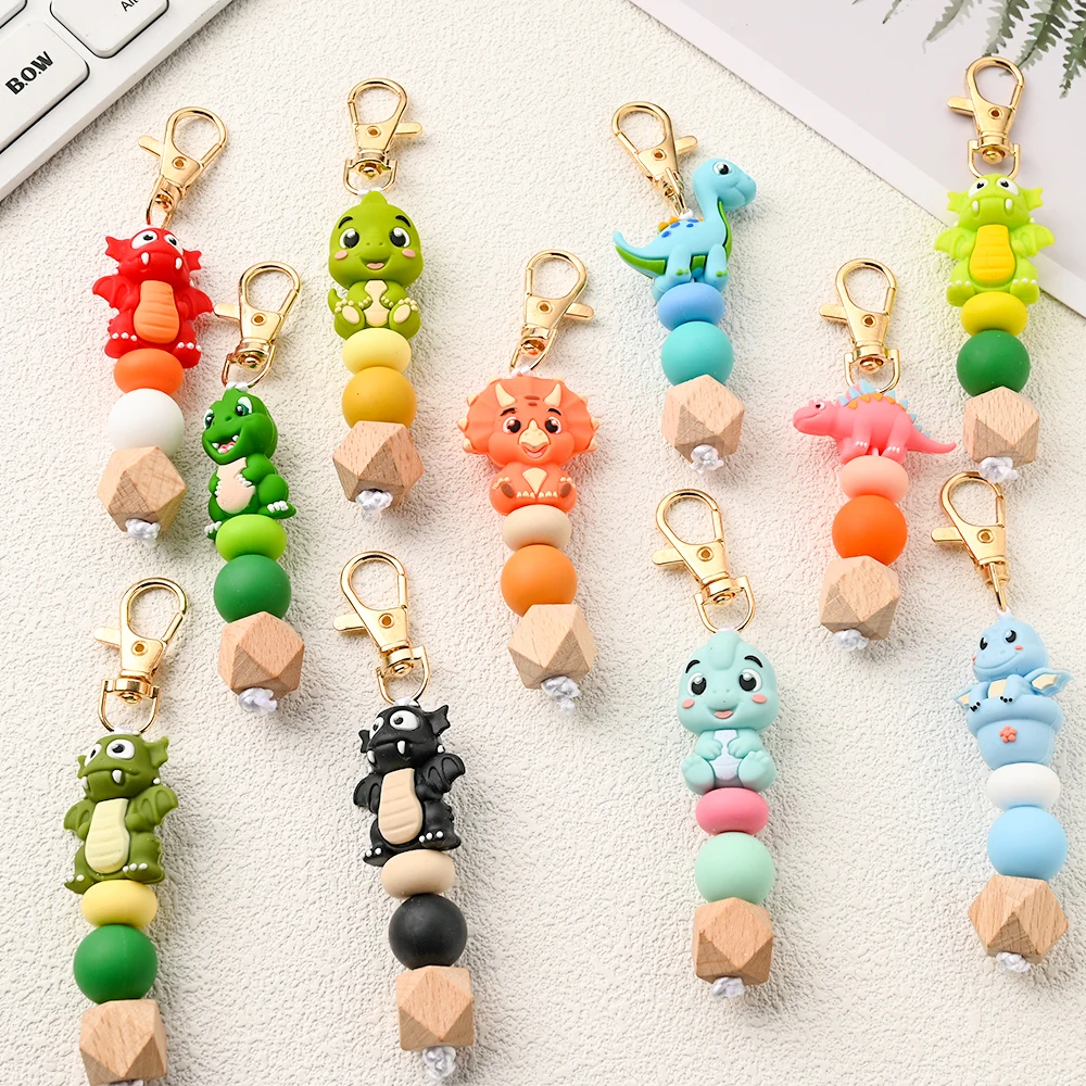 1Pc Cartoon Dinosaur Silicone Beads Pendant  Stroller Hook Charm Cute Cartoon Handbag Keychain Decoration Accessories