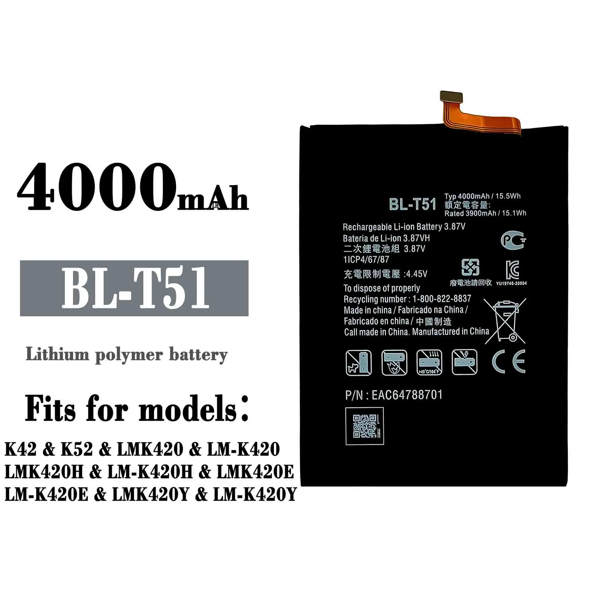 

Высококачественный 3,87 V Новый 4000mAh BL-T51 Аккумулятор для LG K42 K52 LMK420 LM-K420 LMK420H мобильный телефон литиевая батарея